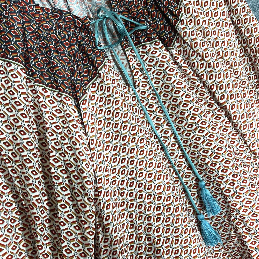 The Denim Bar Top Womens Small Tan Geometric Ruffle Bell Sleeve Boho Peasant